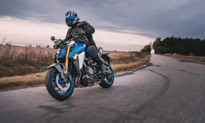 Motocyklista w kasku jedzie niebieskim motocyklem po drodze. W tle pola i las, chmury na niebie.