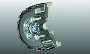 Przekrój sprzęgła motocyklowego, pokazujący jego mechanizm. Dowiedz się, jak wymienić sprzęgło, analizując jego budowę.