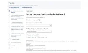 Formularz PCC-3(6) - Okres, miejsce i cel składania deklaracji. Wpisz datę dokonania czynności, wybierz urząd skarbowy i cel złożenia deklaracji.