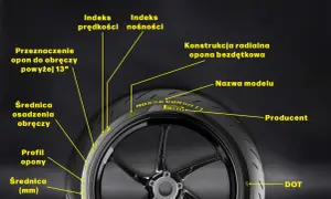 Oznaczenia opon: indeks prędkości, nośności, przeznaczenie do obręczy, średnica, profil, konstrukcja radialna, nazwa modelu, producent, DOT.