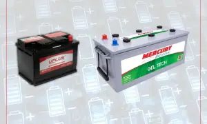 Dwa akumulatory: czarny UPLUS AGM i szary MERCURY GEL TECH. Szukasz odpowiedzi, jaki akumulator do skutera 50?