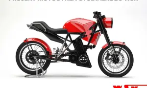 Nowa wsk w czerwonym kolorze, projekt motocykla studialnego. Klasyczny wygląd z nowoczesnymi elementami.