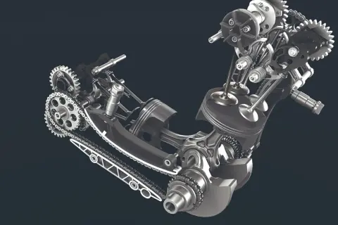 Mechanizm silnika z widocznym tłokiem, zaworami i łańcuchem napędowym. To serce maszyny, jej rozrząd królewski.
