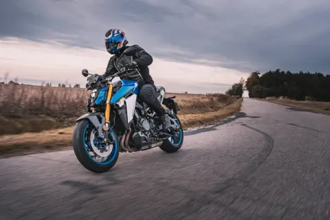 Motocyklista w kasku jedzie niebieskim motocyklem po drodze. W tle pola i las, chmury na niebie.