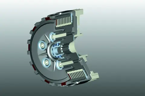 Przekrój sprzęgła motocyklowego, pokazujący jego mechanizm. Dowiedz się, jak wymienić sprzęgło, analizując jego budowę.