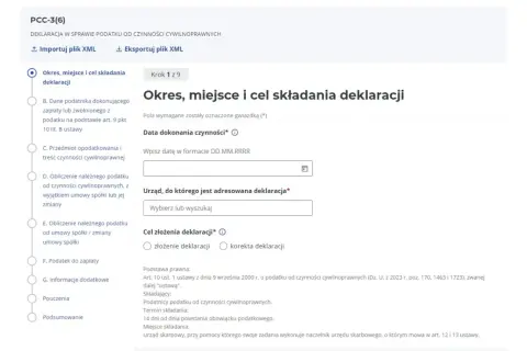Formularz PCC-3(6) - Okres, miejsce i cel składania deklaracji. Wpisz datę dokonania czynności, wybierz urząd skarbowy i cel złożenia deklaracji.