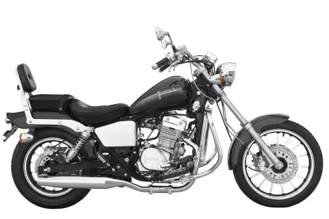 Czarny motocykl Junak M11, gotowy do odblokowania pełnej mocy. Klasyczny styl i chromowane detale.