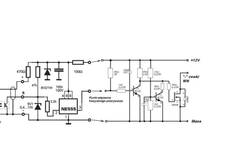 Schemat elektronicznego układu zapłonowego z transoptorem szczelinowym, timerem NE555 i tranzystorami.