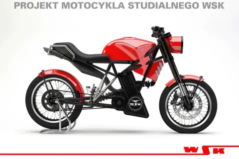 Nowa wsk w czerwonym kolorze, projekt motocykla studialnego. Klasyczny wygląd z nowoczesnymi elementami.