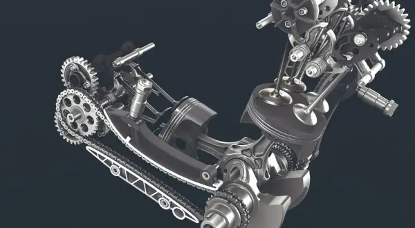 Mechanizm silnika z widocznym tłokiem, zaworami i łańcuchem napędowym. To serce maszyny, jej rozrząd królewski.