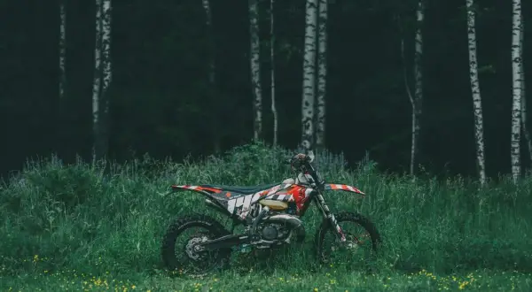 Motocykl cross w terenie, zaparkowany wśród wysokiej trawy i dzikich kwiatów, na tle mrocznego lasu.