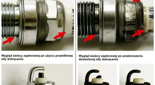 Prawidłowo dokręcona świeca zapłonowa (lewa) vs. przekręcona (prawa). Pokazuje, jak dokręcić świece bez klucza dynamometrycznego, unikając uszkodzeń.