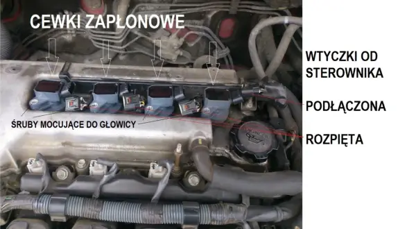 Silnik z widocznymi cewkami zapłonowymi. Wtyczki od sterownika, podłączona i rozpięta. Objawy awarii cewki zapłonowej mogą być różne.
