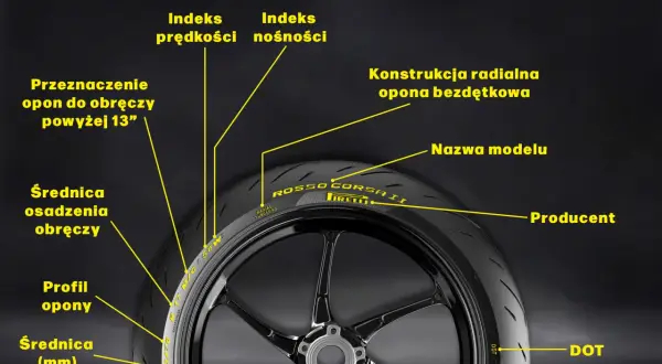 Oznaczenia opon: indeks prędkości, nośności, przeznaczenie do obręczy, średnica, profil, konstrukcja radialna, nazwa modelu, producent, DOT.