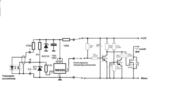 Schemat elektronicznego układu zapłonowego z transoptorem szczelinowym, timerem NE555 i tranzystorami.