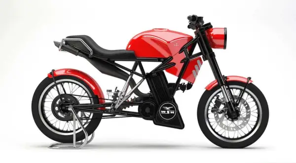 Nowa wsk w czerwonym kolorze, projekt motocykla studialnego. Klasyczny wygląd z nowoczesnymi elementami.
