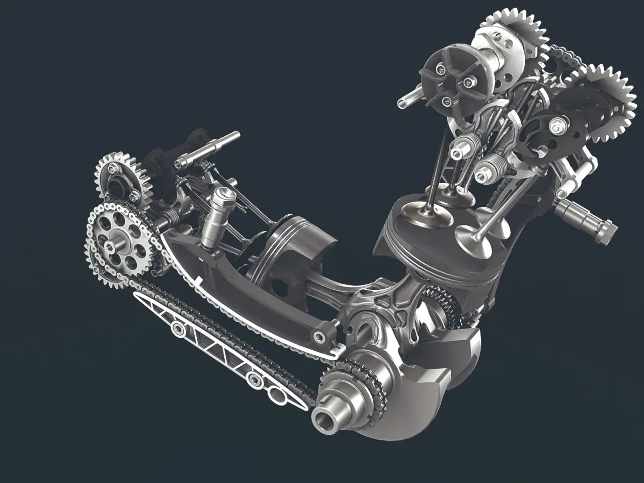 Mechanizm silnika z widocznym tłokiem, zaworami i łańcuchem napędowym. To serce maszyny, jej rozrząd królewski.