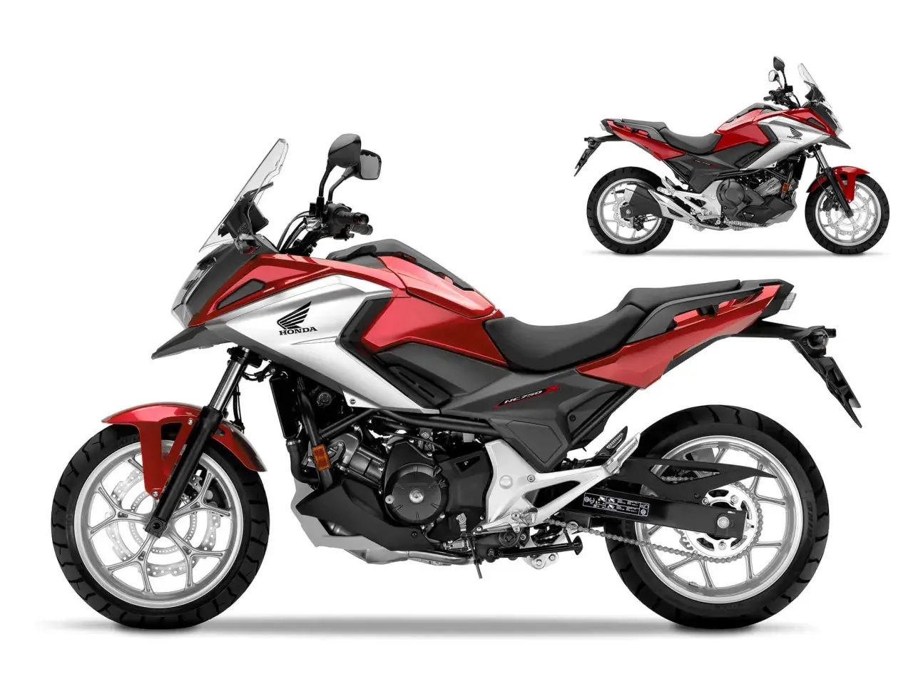 Czerwono-srebrny motocykl Honda NC 750 X. Szczegółowe honda nc 750 dane techniczne dostępne w opisie.