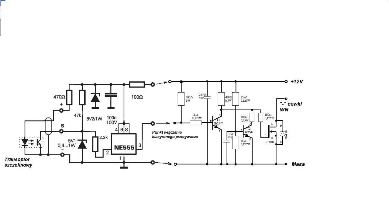 Schemat elektronicznego układu zapłonowego z transoptorem szczelinowym, timerem NE555 i tranzystorami.