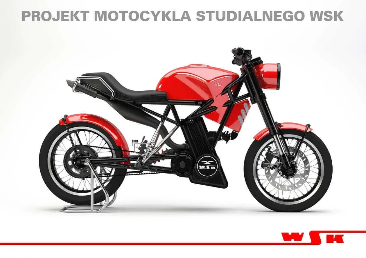Nowa wsk w czerwonym kolorze, projekt motocykla studialnego. Klasyczny wygląd z nowoczesnymi elementami.