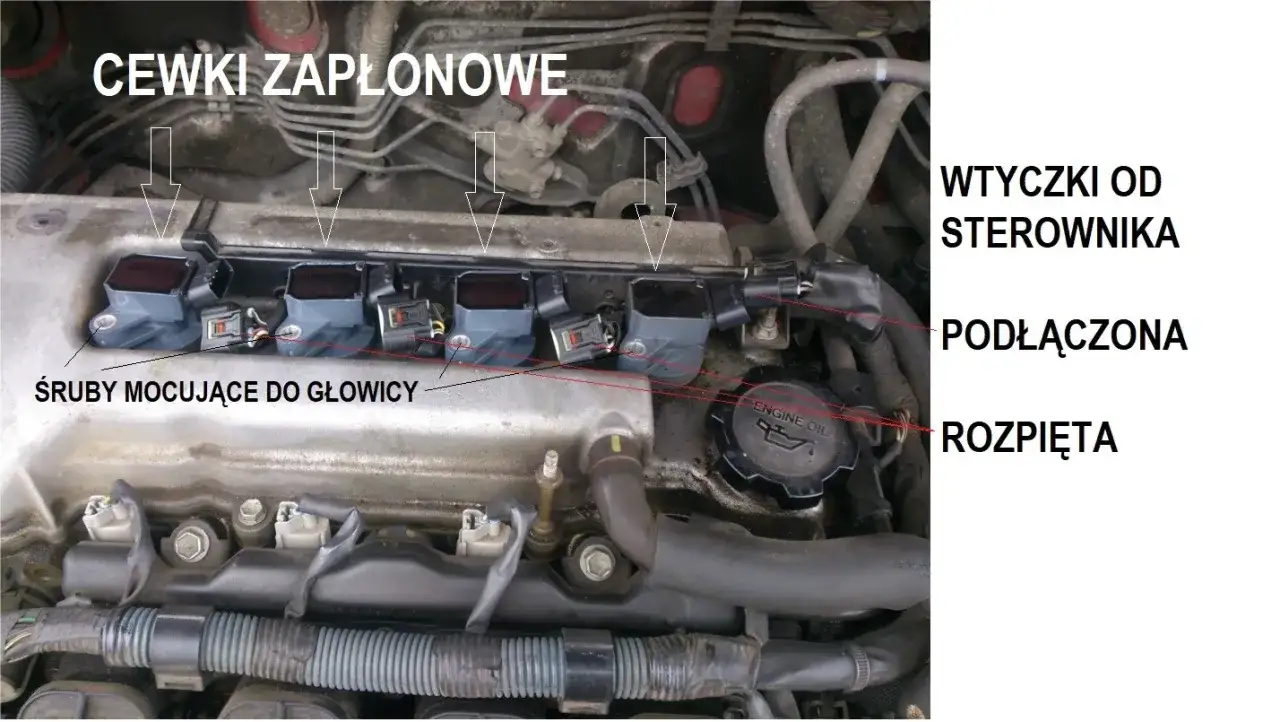 Silnik z widocznymi cewkami zapłonowymi. Wtyczki od sterownika, podłączona i rozpięta. Śruby mocujące do głowicy. Objawy awarii cewki zapłonowej mogą być r&oacute;żne.