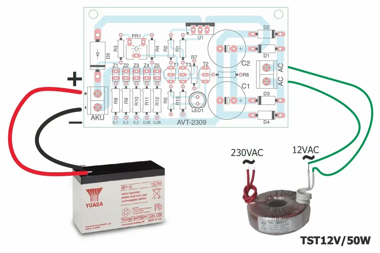 Schemat ładowania akumulatora żelowego 12V. Transformator 230V/12V zasila płytkę AVT-2309, kt&oacute;ra ładuje akumulator.