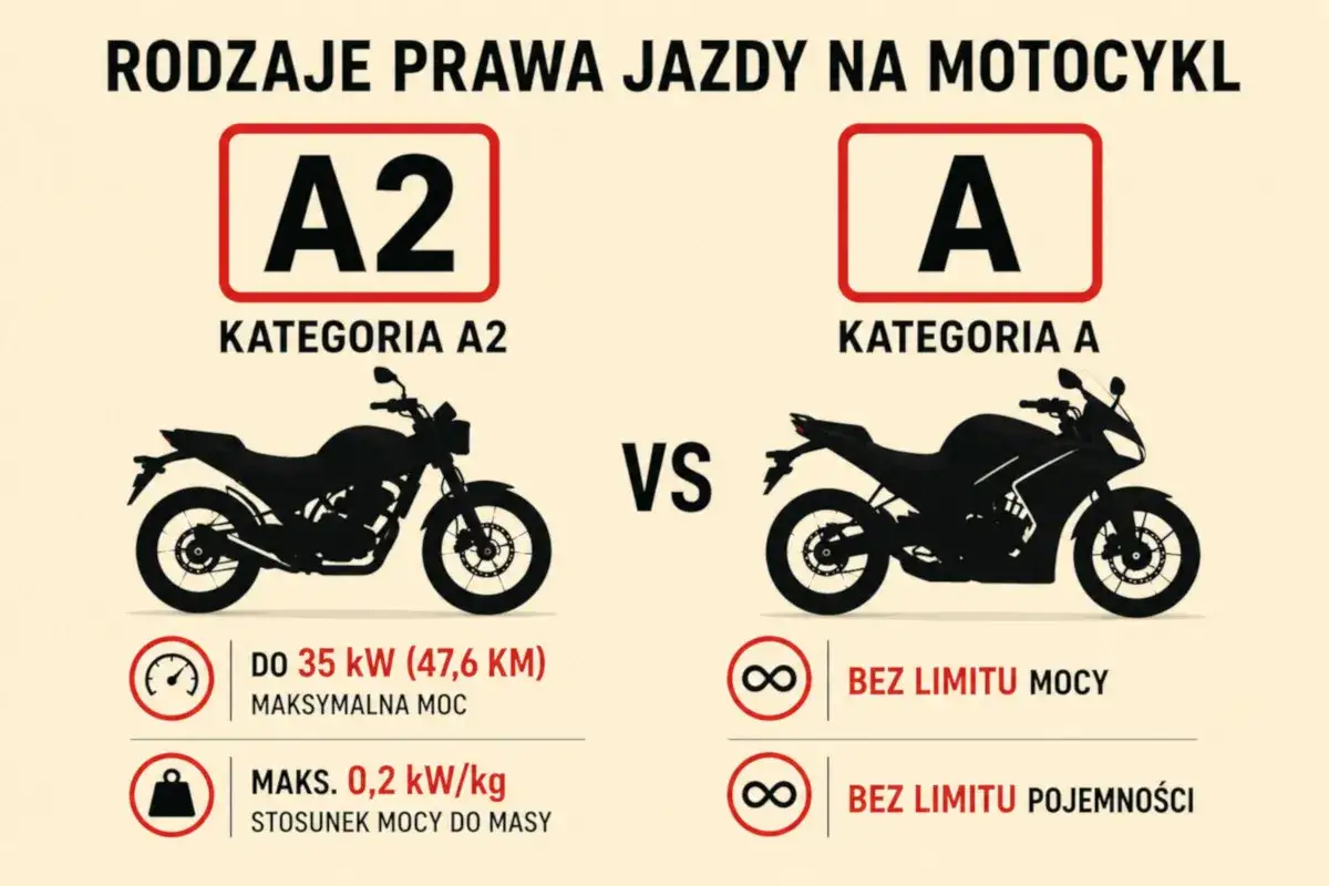 Kategoria A2 pozwala na jazdę motocyklem do 35 kW. Od ilu lat można robić prawo jazdy na motor 600? Na kategorię A, bez limitu mocy, można od 24 lat.