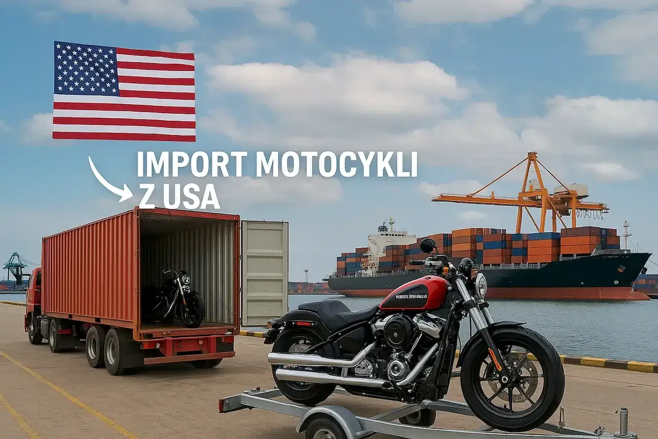 Amerykańska flaga nad portem, gdzie trwa sprowadzanie motocykli z USA. Kontenerowiec i ciężar&oacute;wka z motocyklami w tle.