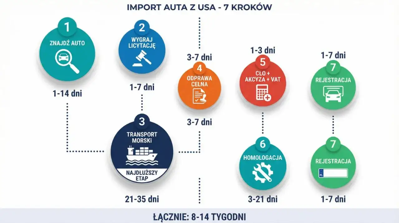 Schemat 7 krok&oacute;w sprowadzania motocykli z USA: od znalezienia auta i wygrania licytacji, przez transport morski, odprawę celną, cło i akcyzę, aż po homologację i rejestrację.