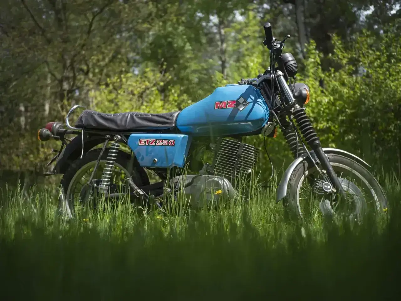 Niebieski motocykl MZ ETZ 250 w trawie. Poznaj jego dane techniczne i poczuj wolność.