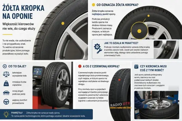 Żółta kropka na oponie oznacza najlżejszy punkt. Pomaga to w prawidłowym wyważeniu koła, co oznacza mniejszą liczbę ciężarków i większy komfort jazdy.