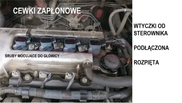Silnik z widocznymi cewkami zapłonowymi. Wtyczki od sterownika, podłączona i rozpięta. Objawy awarii cewki zapłonowej mogą być różne.