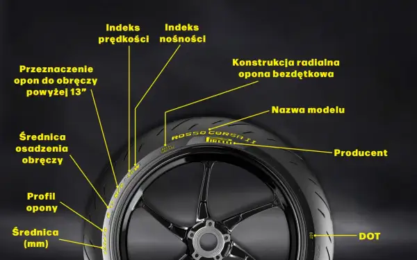 Oznaczenia opon: indeks prędkości, nośności, przeznaczenie do obręczy, średnica, profil, konstrukcja radialna, nazwa modelu, producent, DOT.