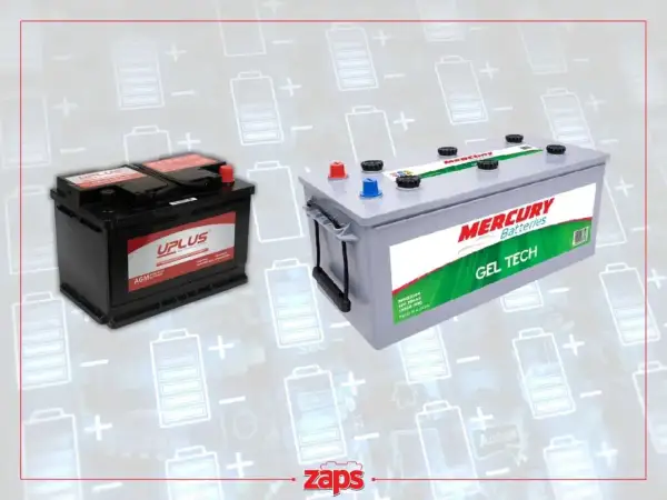 Dwa akumulatory: czarny UPLUS AGM i szary MERCURY GEL TECH. Szukasz odpowiedzi, jaki akumulator do skutera 50?